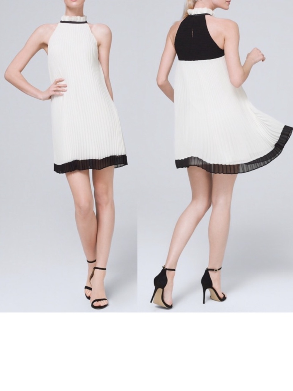 White House Black Market Pleated Halter Neck Dress White with Black Trim 6 NWT